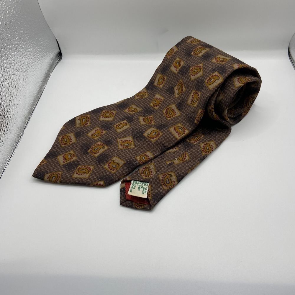 Joseph Abboud Designer Necktie Mens Brown Paisley Silk Keeper Loop Office Formal